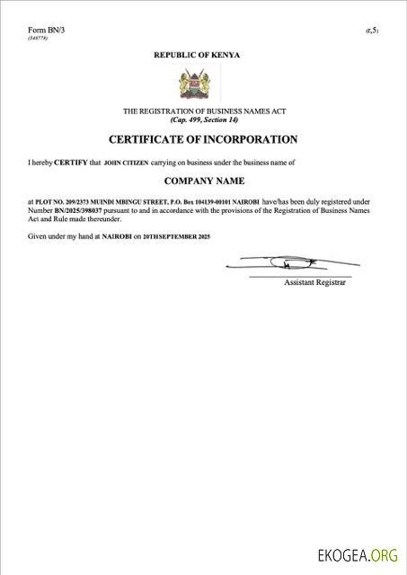 Modèle Word et PDF de certificat de constitution du Kenya, version 2